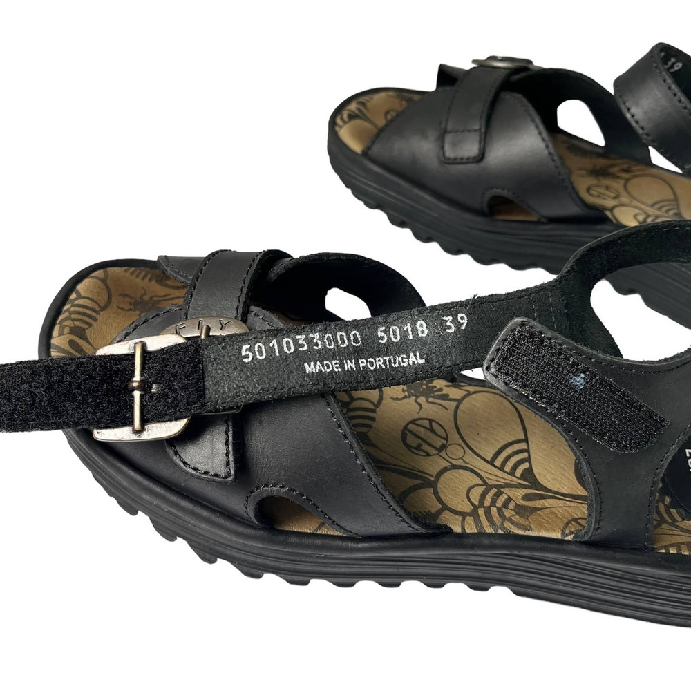 FLY LONDON EMITFLY WEDGE SANDALS IN BLACK LEATHER WOMEN SIZE EU39/US9 - Picture 9 of 10